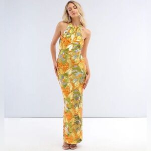 Helsi Halter Fitted Floral Sequin Gown Size S Color Marigold